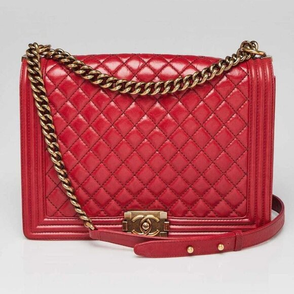 CHANEL Handbags - Chanel Dark Red Quilted Lambskin Leather Large Boy Bag